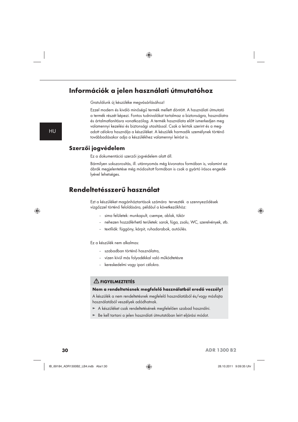 Információk a jelen használati útmutatóhoz, Rendeltetésszerű használat, Szerzői jogvédelem | Aquapur ADR 1300 B2 Hand Steam Cleaner User Manual | Page 32 / 86