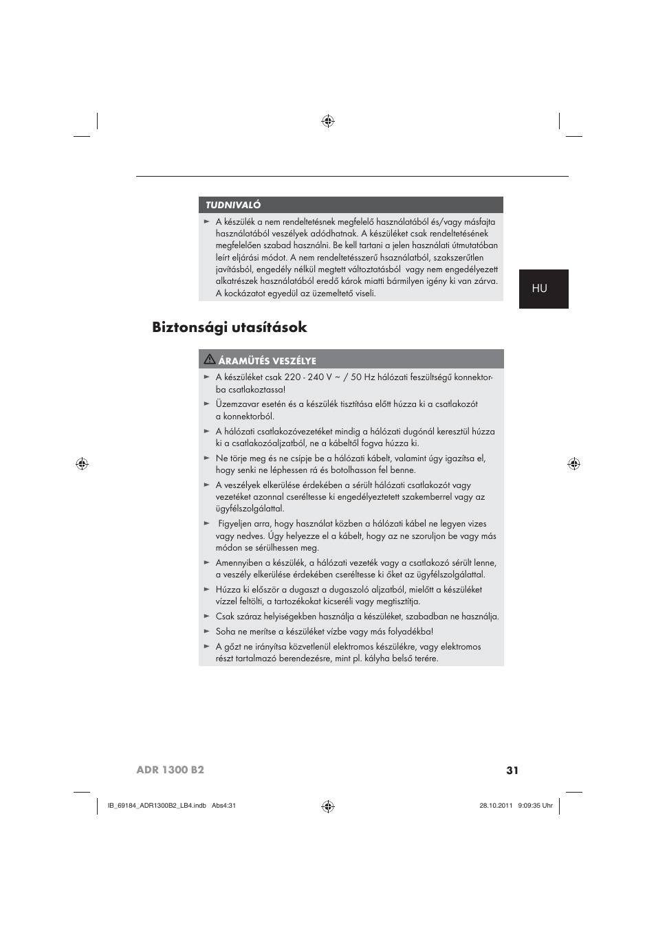 Biztonsági utasítások | Aquapur ADR 1300 B2 Hand Steam Cleaner User Manual | Page 33 / 86
