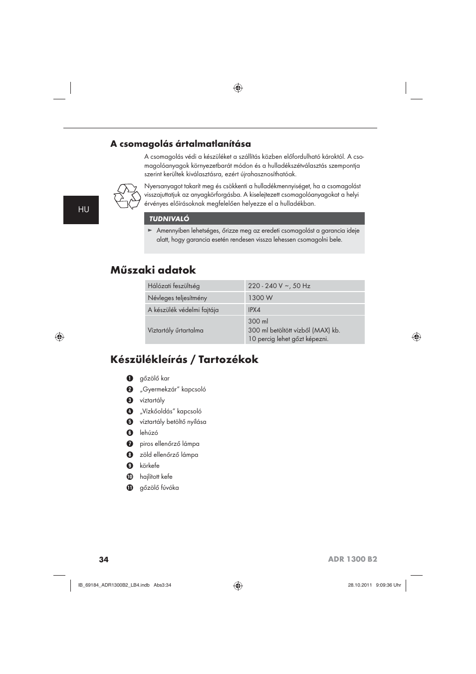 Műszaki adatok, Készülékleírás / tartozékok, A csomagolás ártalmatlanítása | Aquapur ADR 1300 B2 Hand Steam Cleaner User Manual | Page 36 / 86