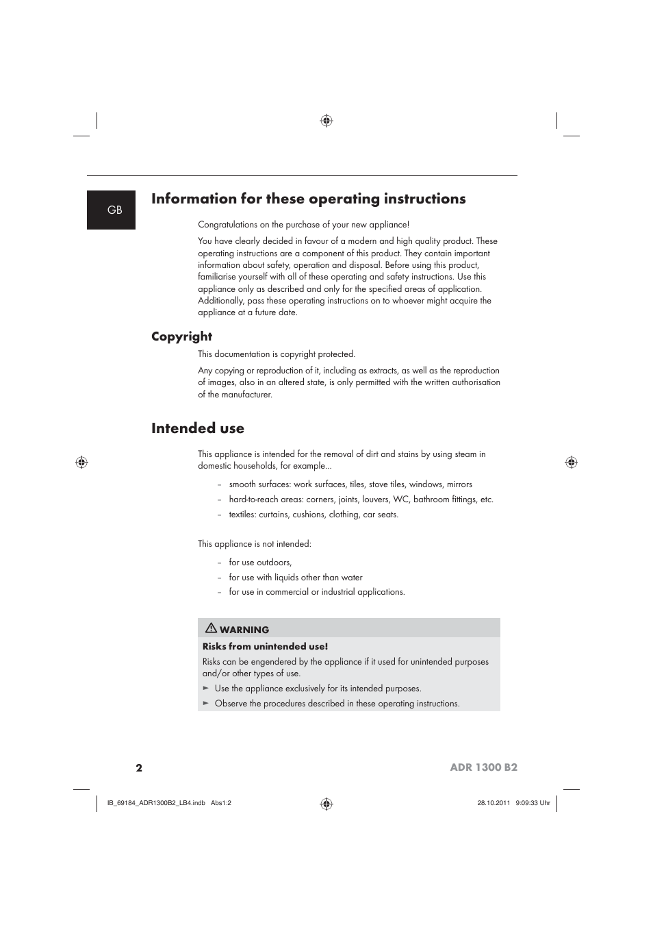 Information for these operating instructions, Intended use, Copyright | Aquapur ADR 1300 B2 Hand Steam Cleaner User Manual | Page 4 / 86
