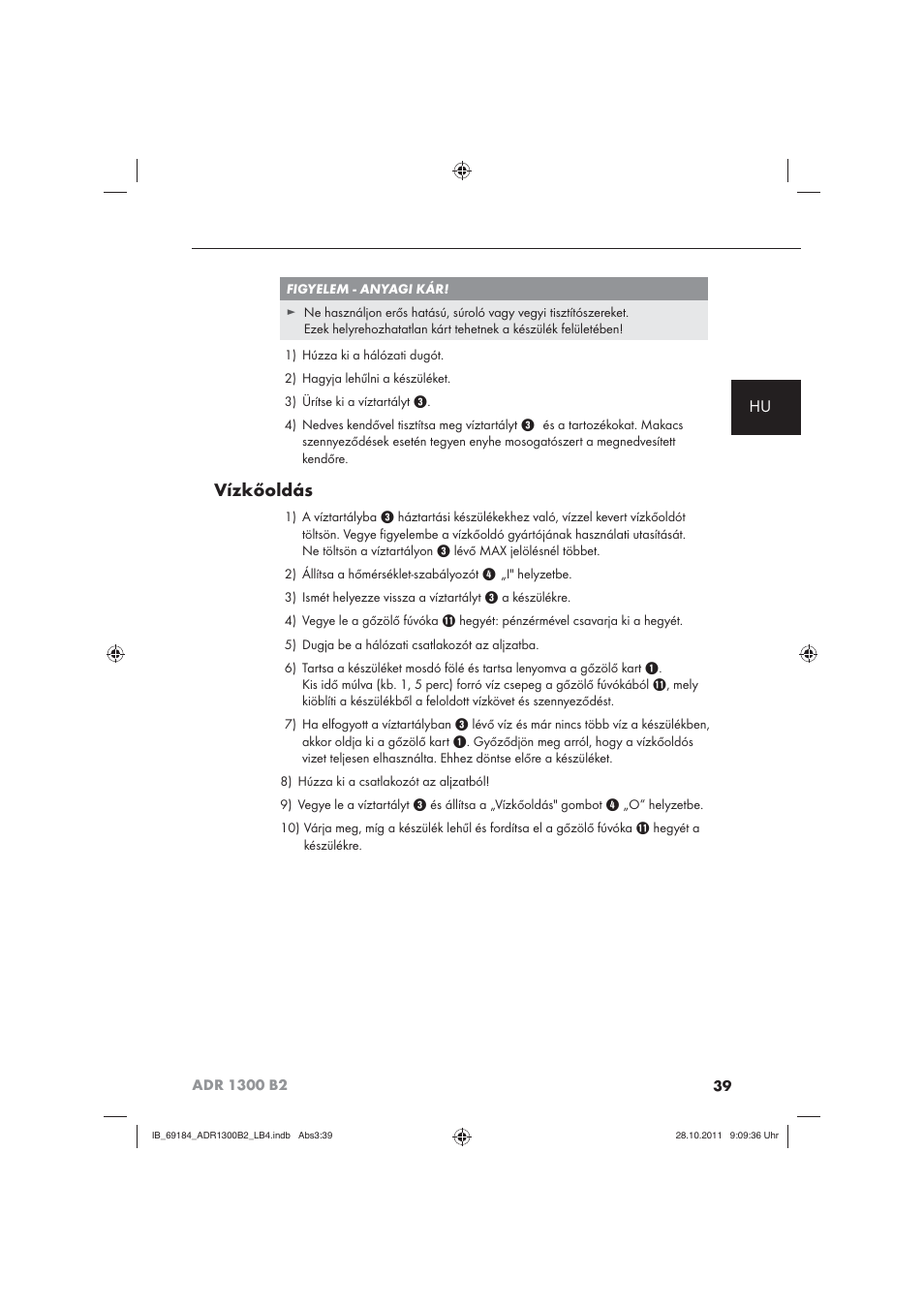Vízkőoldás | Aquapur ADR 1300 B2 Hand Steam Cleaner User Manual | Page 41 / 86