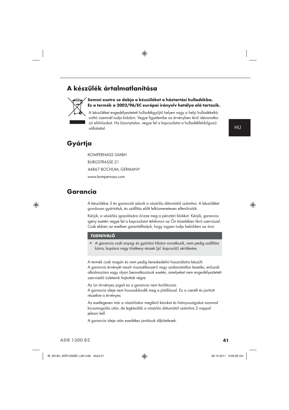 A készülék ártalmatlanítása, Gyártja, Garancia | Aquapur ADR 1300 B2 Hand Steam Cleaner User Manual | Page 43 / 86