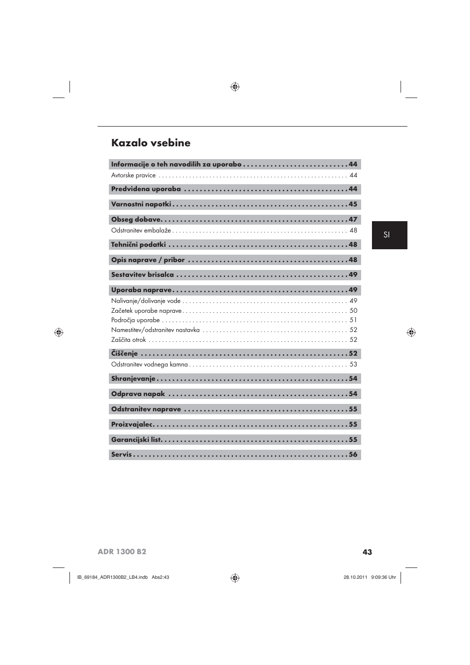 Kazalo vsebine | Aquapur ADR 1300 B2 Hand Steam Cleaner User Manual | Page 45 / 86