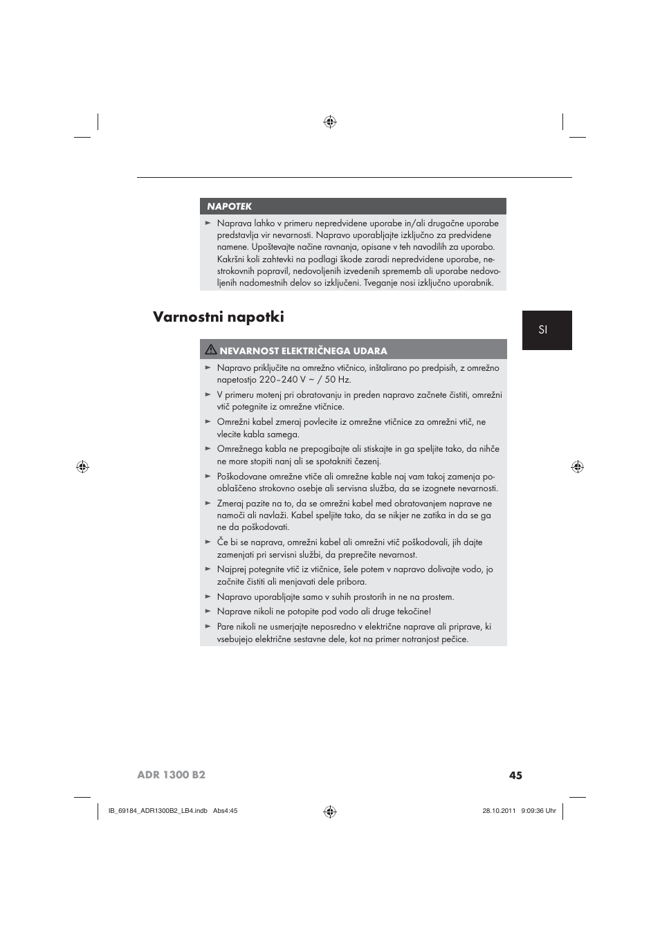 Varnostni napotki | Aquapur ADR 1300 B2 Hand Steam Cleaner User Manual | Page 47 / 86