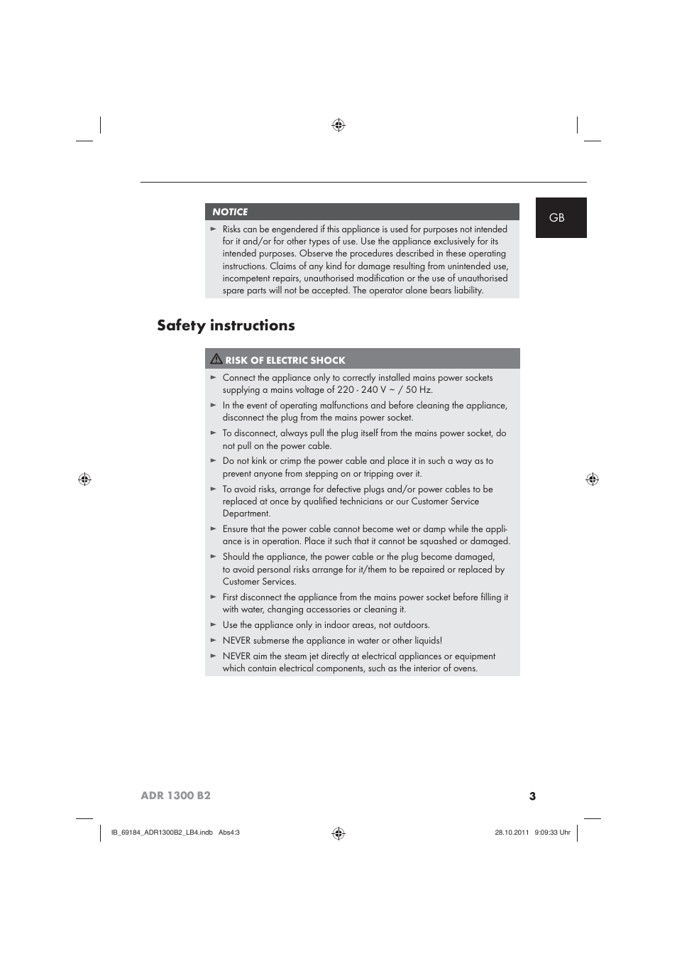 Safety instructions | Aquapur ADR 1300 B2 Hand Steam Cleaner User Manual | Page 5 / 86