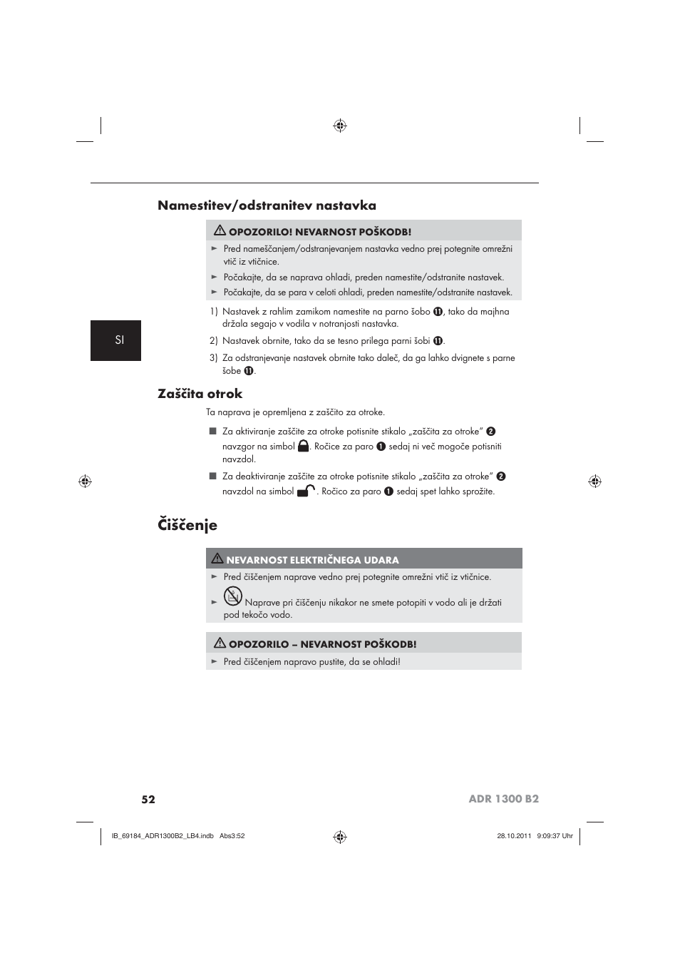 Čiščenje, Namestitev/odstranitev nastavka, Zaščita otrok | Aquapur ADR 1300 B2 Hand Steam Cleaner User Manual | Page 54 / 86