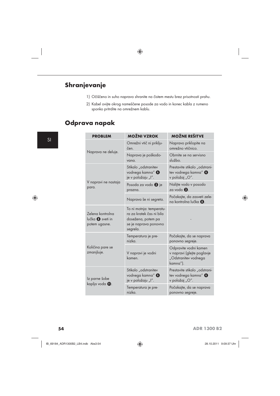 Shranjevanje, Odprava napak | Aquapur ADR 1300 B2 Hand Steam Cleaner User Manual | Page 56 / 86