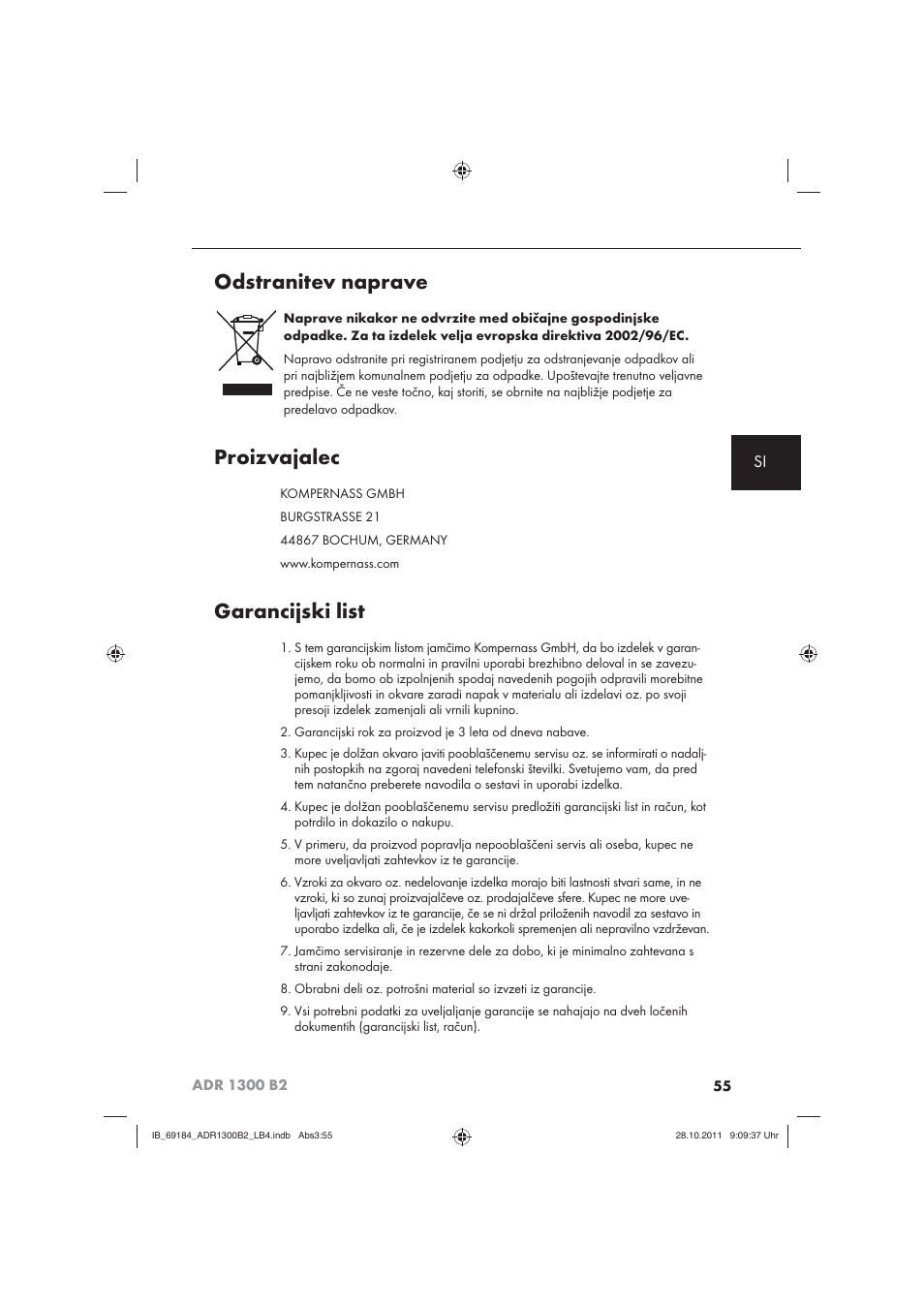 Odstranitev naprave, Proizvajalec, Garancijski list | Aquapur ADR 1300 B2 Hand Steam Cleaner User Manual | Page 57 / 86