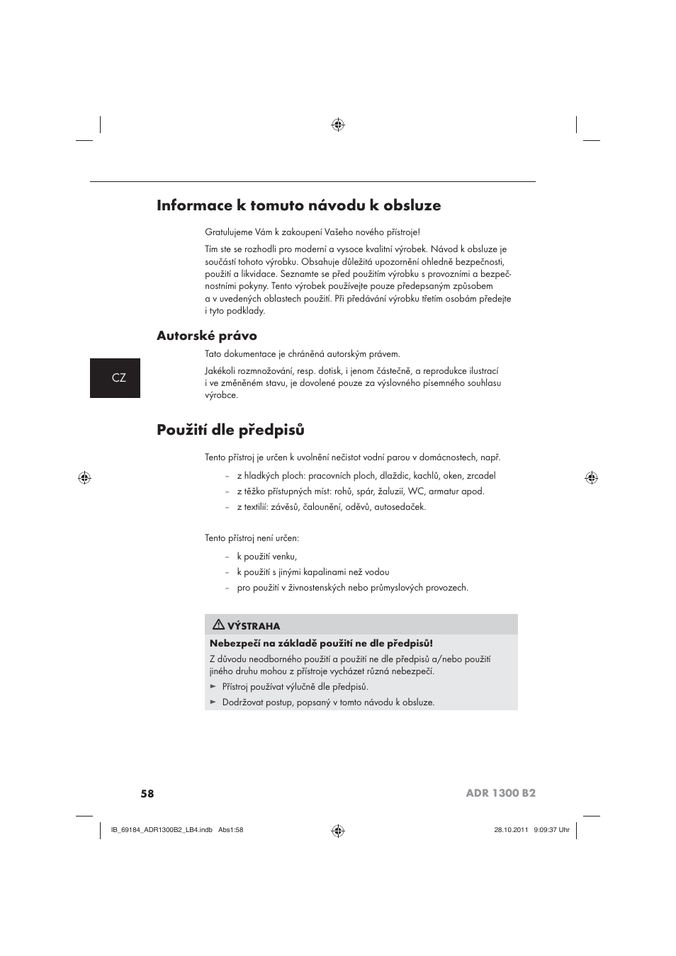 Informace k tomuto návodu k obsluze, Použití dle předpisů, Autorské právo | Aquapur ADR 1300 B2 Hand Steam Cleaner User Manual | Page 60 / 86