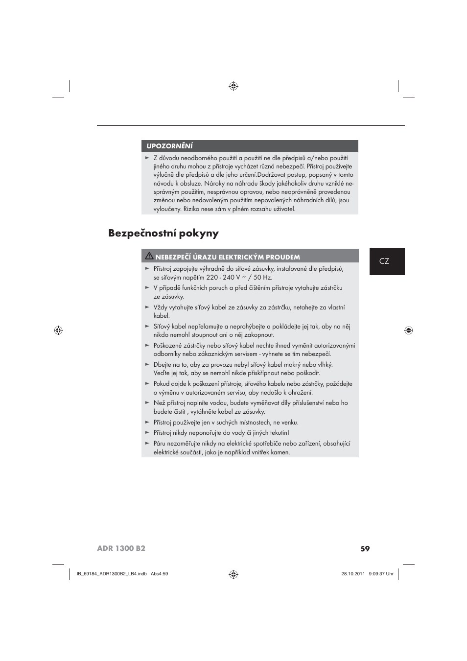 Bezpečnostní pokyny | Aquapur ADR 1300 B2 Hand Steam Cleaner User Manual | Page 61 / 86