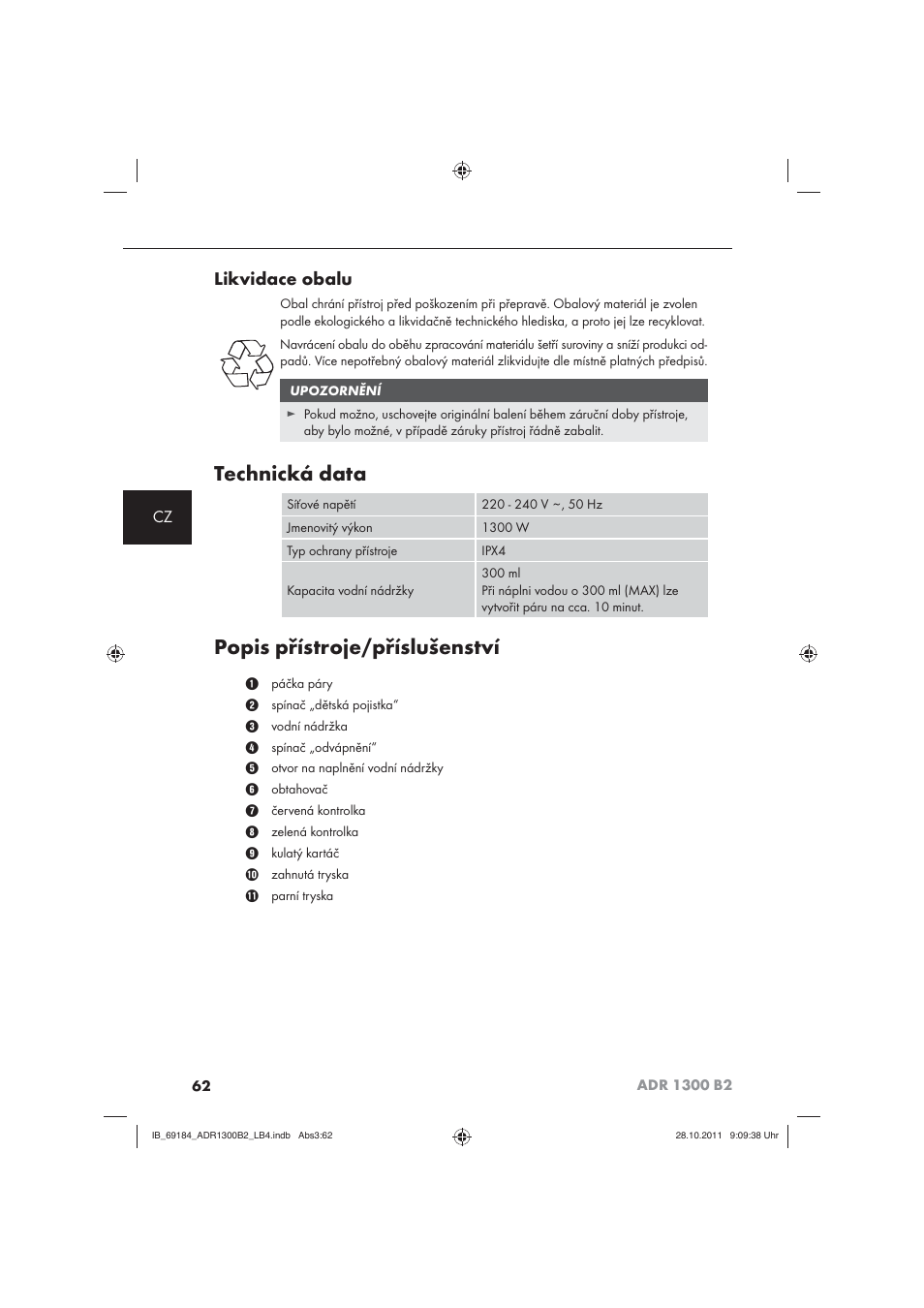 Technická data, Popis přístroje/příslušenství, Likvidace obalu | Aquapur ADR 1300 B2 Hand Steam Cleaner User Manual | Page 64 / 86