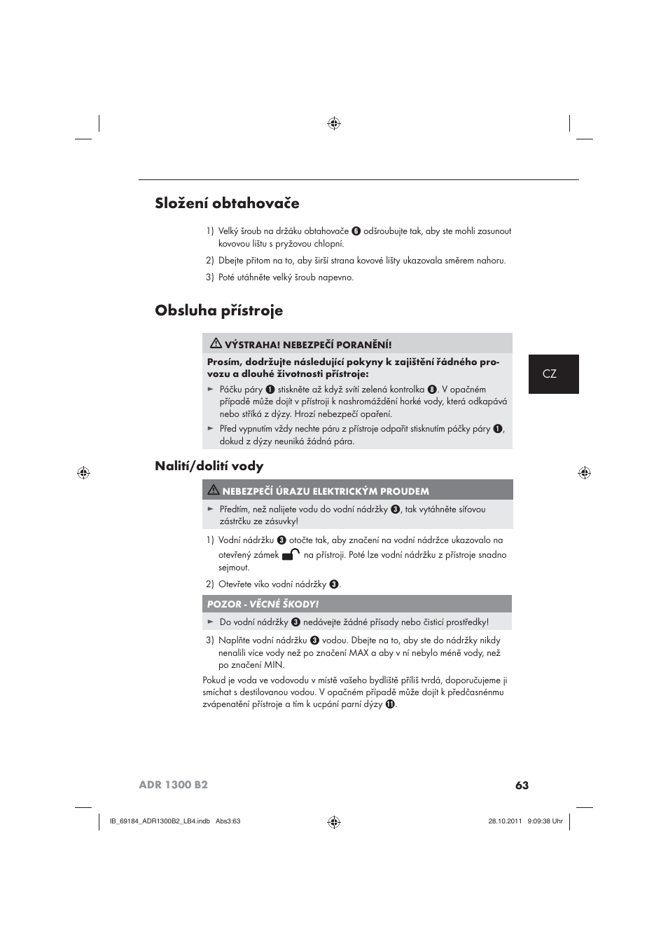 Složení obtahovače, Obsluha přístroje, Nalití/dolití vody | Aquapur ADR 1300 B2 Hand Steam Cleaner User Manual | Page 65 / 86