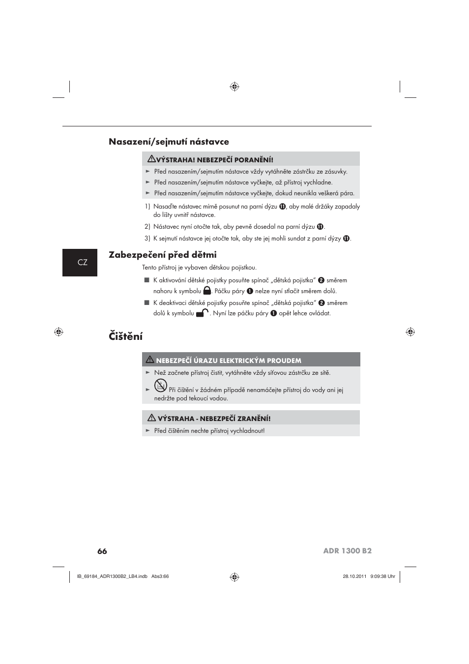 Čištění, Nasazení/sejmutí nástavce, Zabezpečení před dětmi | Aquapur ADR 1300 B2 Hand Steam Cleaner User Manual | Page 68 / 86