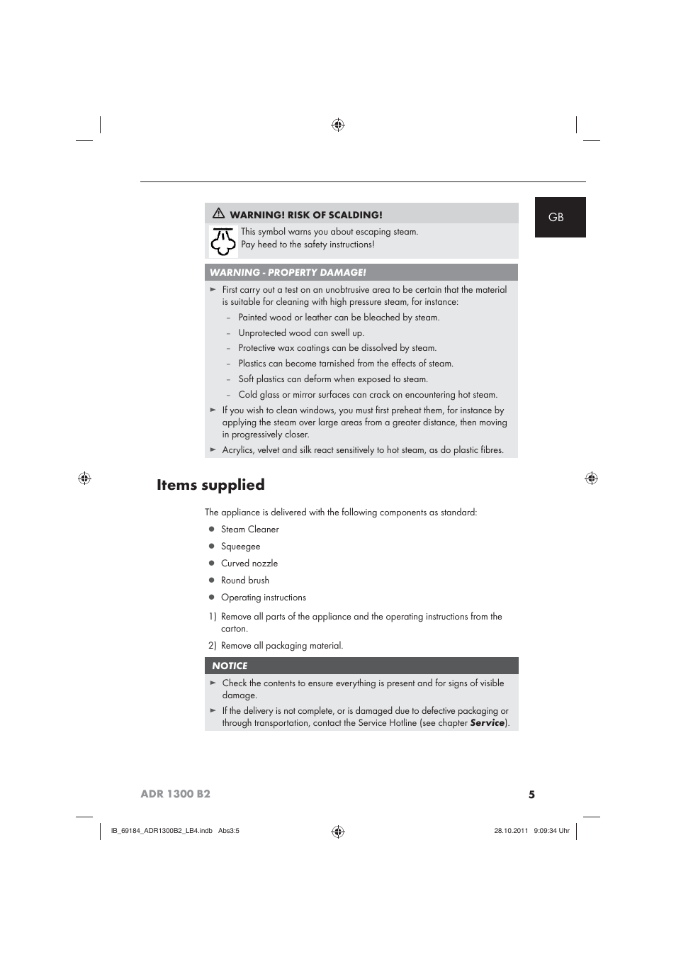 Items supplied | Aquapur ADR 1300 B2 Hand Steam Cleaner User Manual | Page 7 / 86