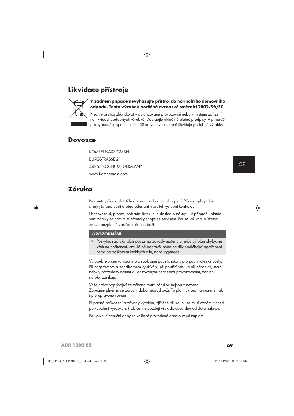 Likvidace přístroje, Dovozce, Záruka | Aquapur ADR 1300 B2 Hand Steam Cleaner User Manual | Page 71 / 86