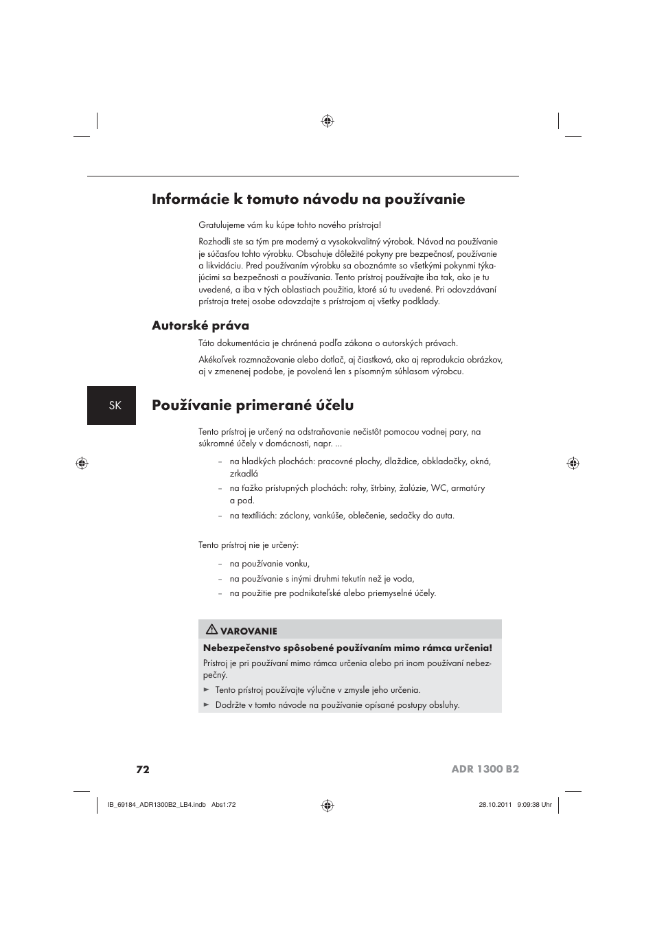 Informácie k tomuto návodu na používanie, Používanie primerané účelu, Autorské práva | Aquapur ADR 1300 B2 Hand Steam Cleaner User Manual | Page 74 / 86