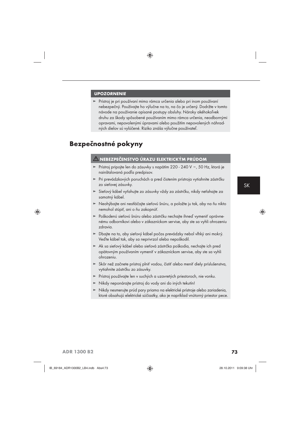 Bezpečnostné pokyny | Aquapur ADR 1300 B2 Hand Steam Cleaner User Manual | Page 75 / 86