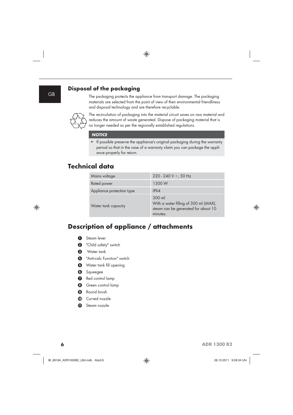 Technical data, Description of appliance / attachments, Disposal of the packaging | Aquapur ADR 1300 B2 Hand Steam Cleaner User Manual | Page 8 / 86