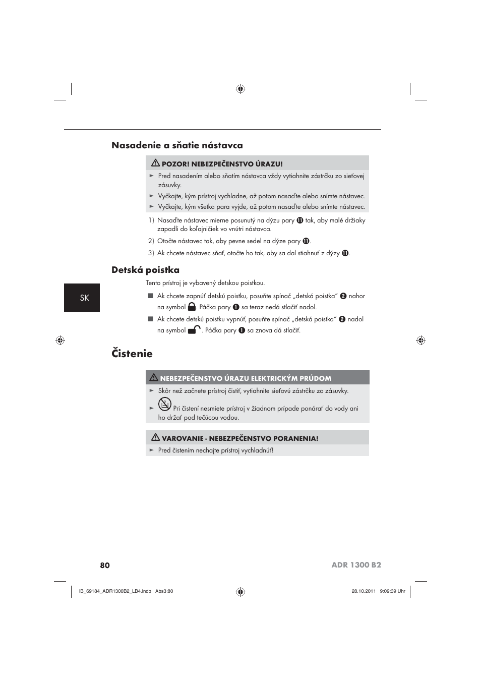 Čistenie, Nasadenie a sňatie nástavca, Detská poistka | Aquapur ADR 1300 B2 Hand Steam Cleaner User Manual | Page 82 / 86