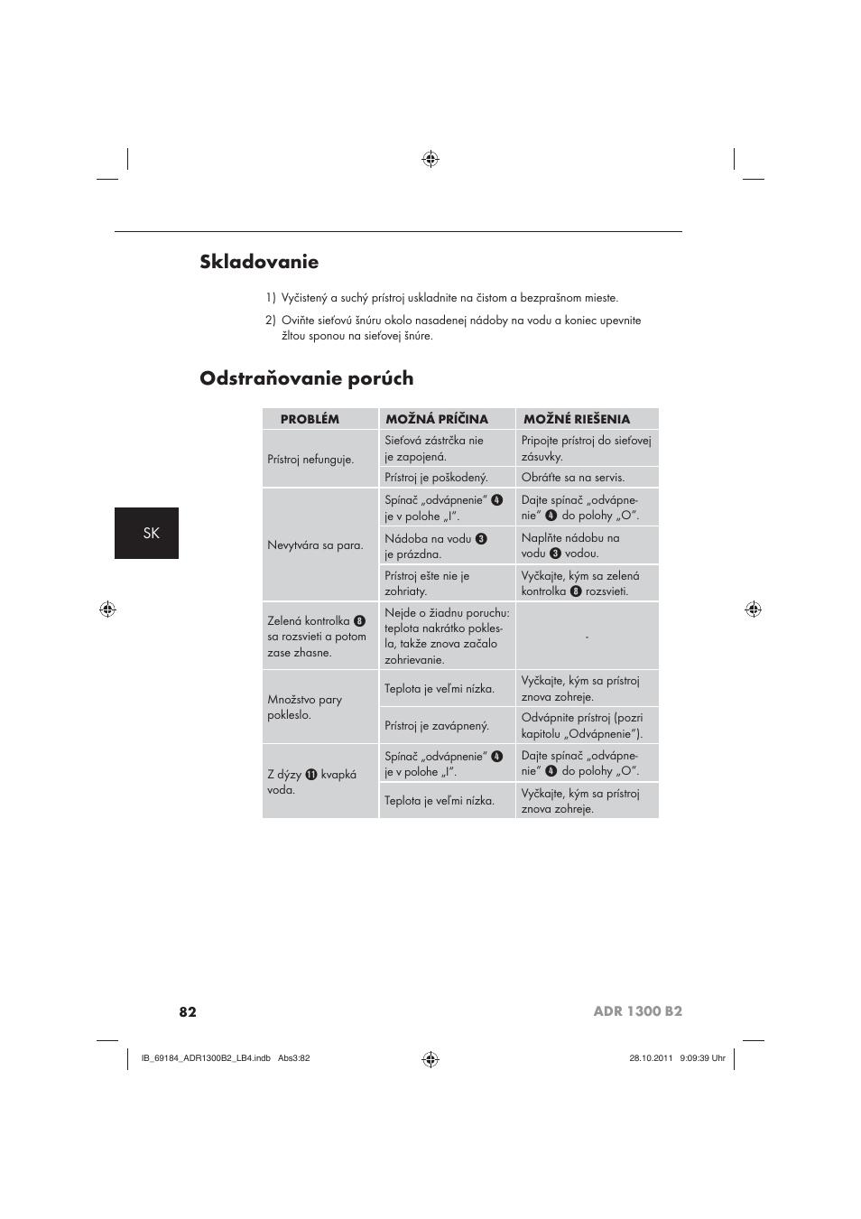 Skladovanie, Odstraňovanie porúch | Aquapur ADR 1300 B2 Hand Steam Cleaner User Manual | Page 84 / 86