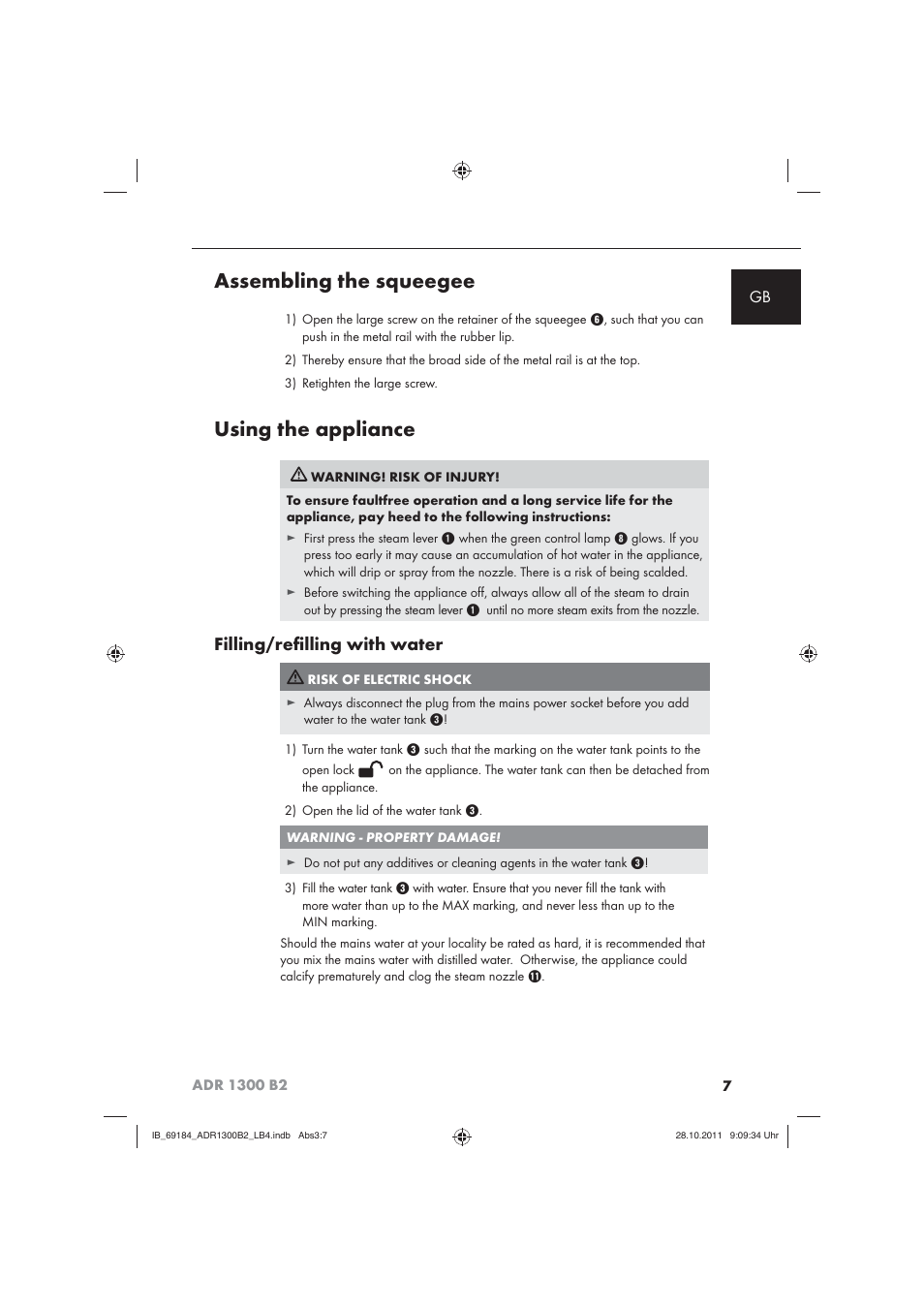 Assembling the squeegee, Using the appliance, Filling/reﬁ lling with water | Aquapur ADR 1300 B2 Hand Steam Cleaner User Manual | Page 9 / 86