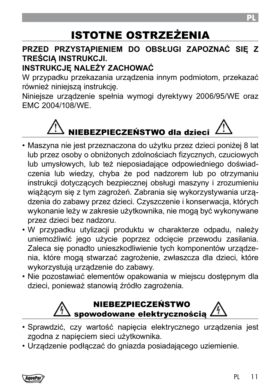 Istotne ostrzeżenia | Aquapur Handheld Steam Cleaner User Manual | Page 13 / 74