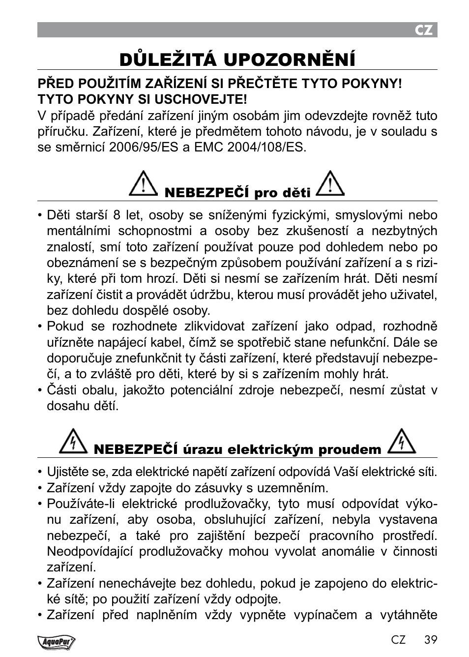 Důležitá upozornění | Aquapur Handheld Steam Cleaner User Manual | Page 41 / 74