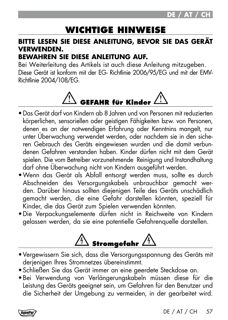 Wichtige hinweise | Aquapur Handheld Steam Cleaner User Manual | Page 59 / 74