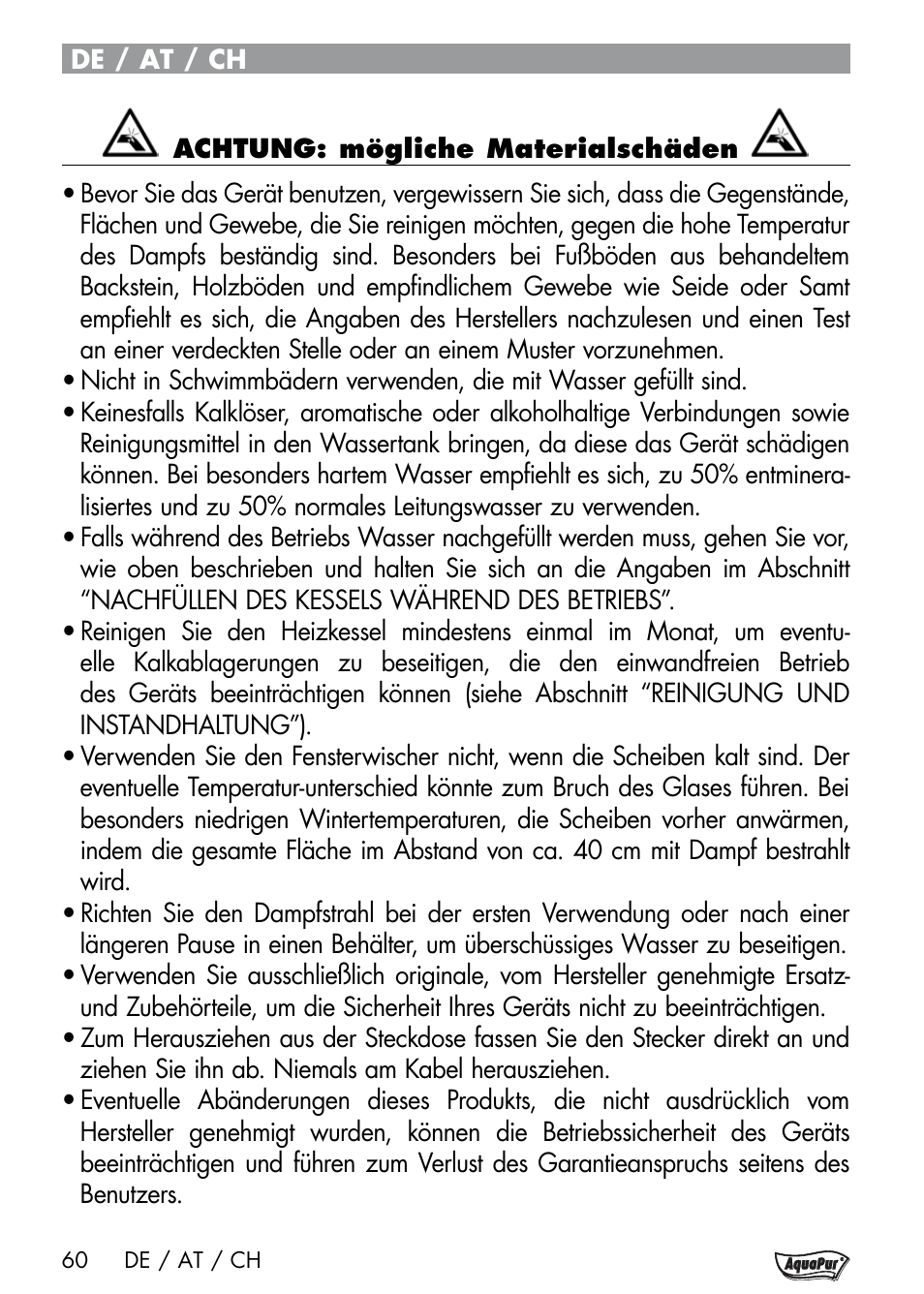 Aquapur Handheld Steam Cleaner User Manual | Page 62 / 74