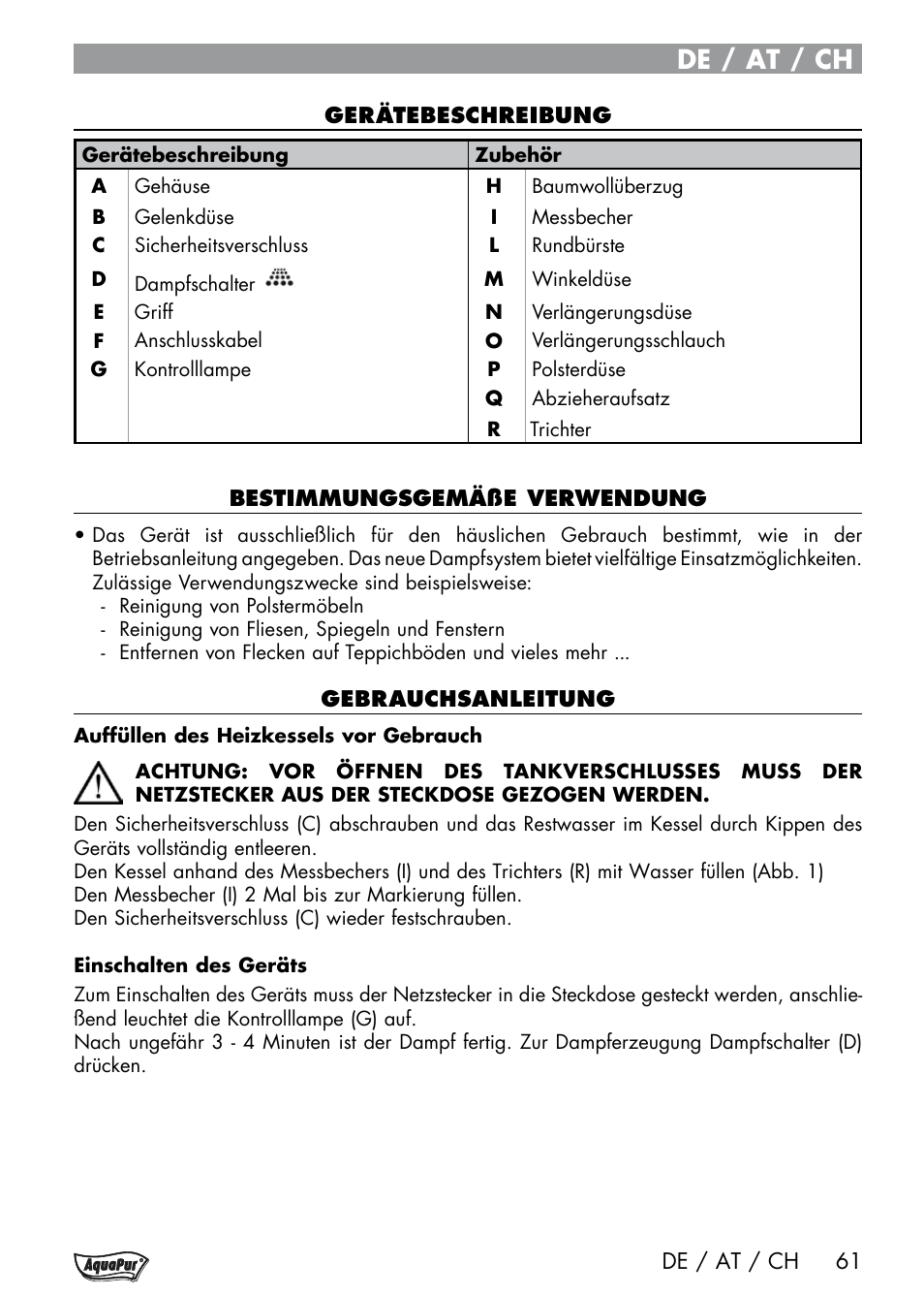 De / at / ch | Aquapur Handheld Steam Cleaner User Manual | Page 63 / 74