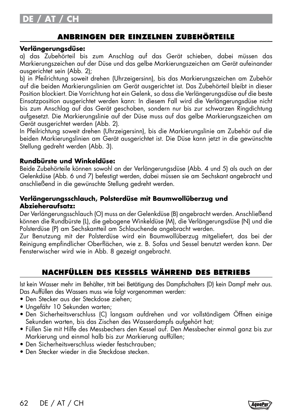 De / at / ch | Aquapur Handheld Steam Cleaner User Manual | Page 64 / 74