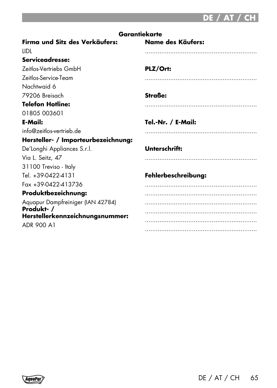 De / at / ch | Aquapur Handheld Steam Cleaner User Manual | Page 67 / 74