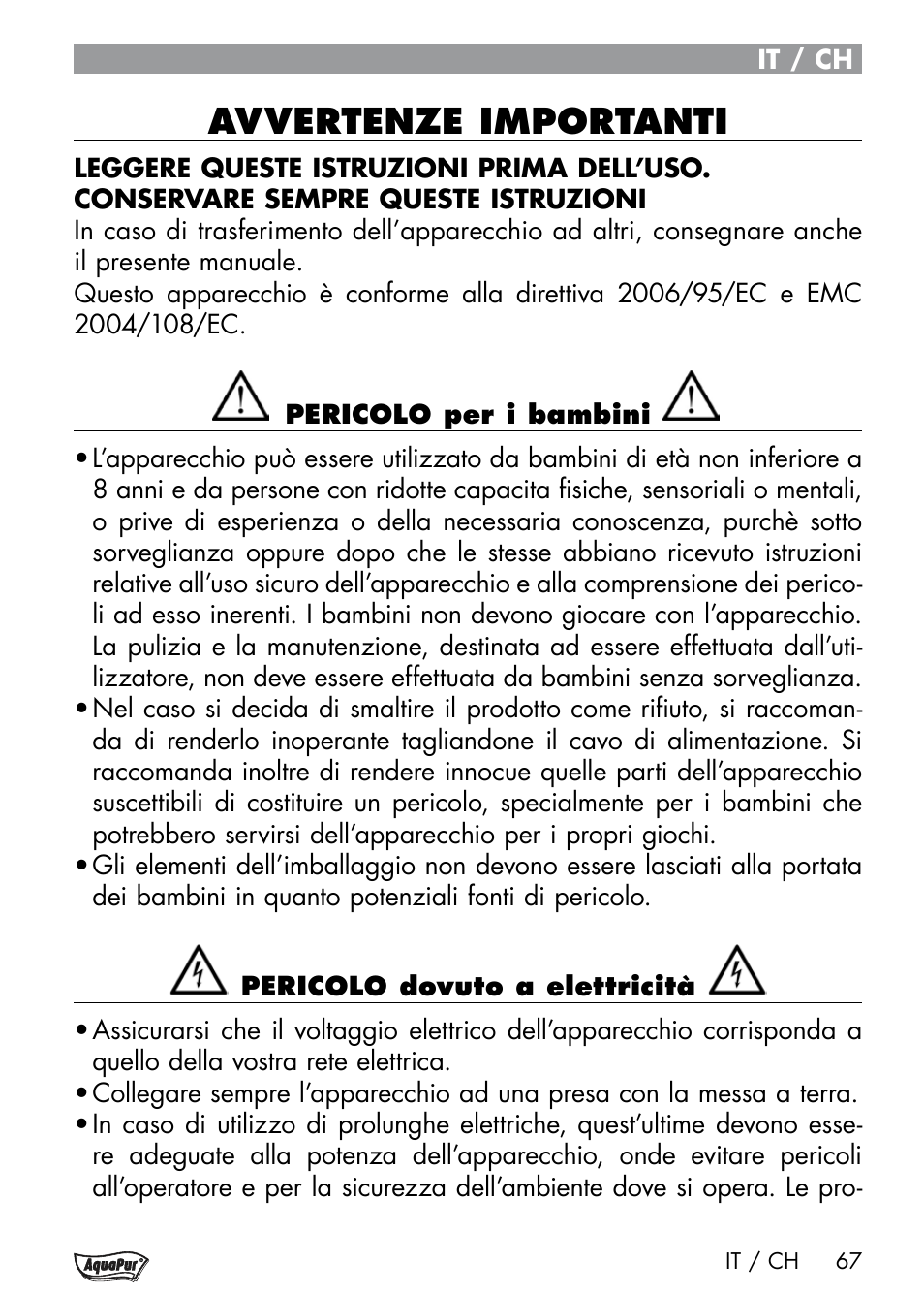 Avvertenze importanti | Aquapur Handheld Steam Cleaner User Manual | Page 69 / 74
