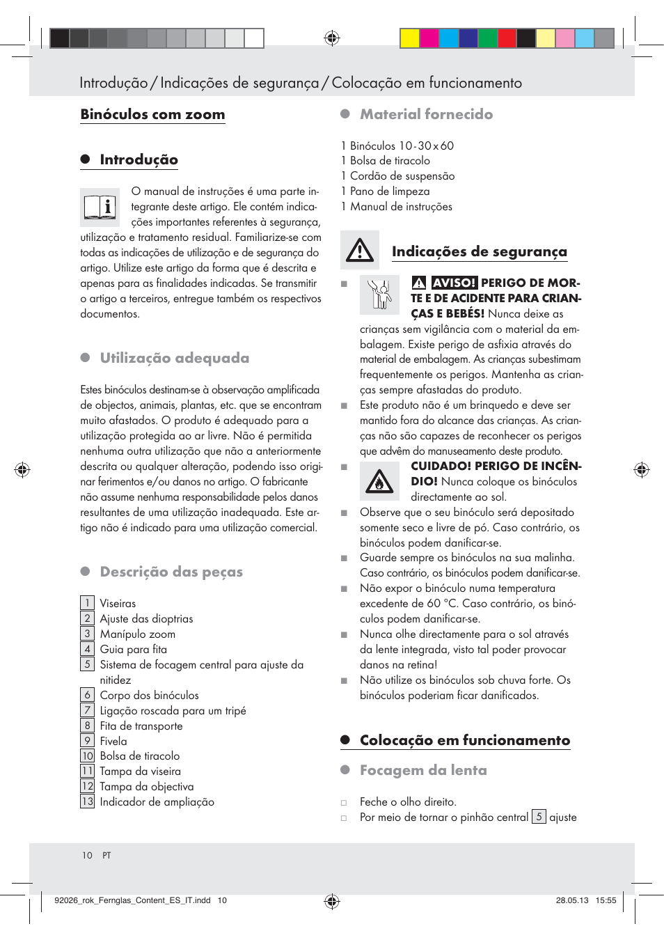 Binóculos com zoom, Introdução, Utilização adequada | Descrição das peças, Material fornecido, Indicações de segurança, Colocação em funcionamento, Focagem da lenta | Auriol Z30373 User Manual | Page 10 / 16
