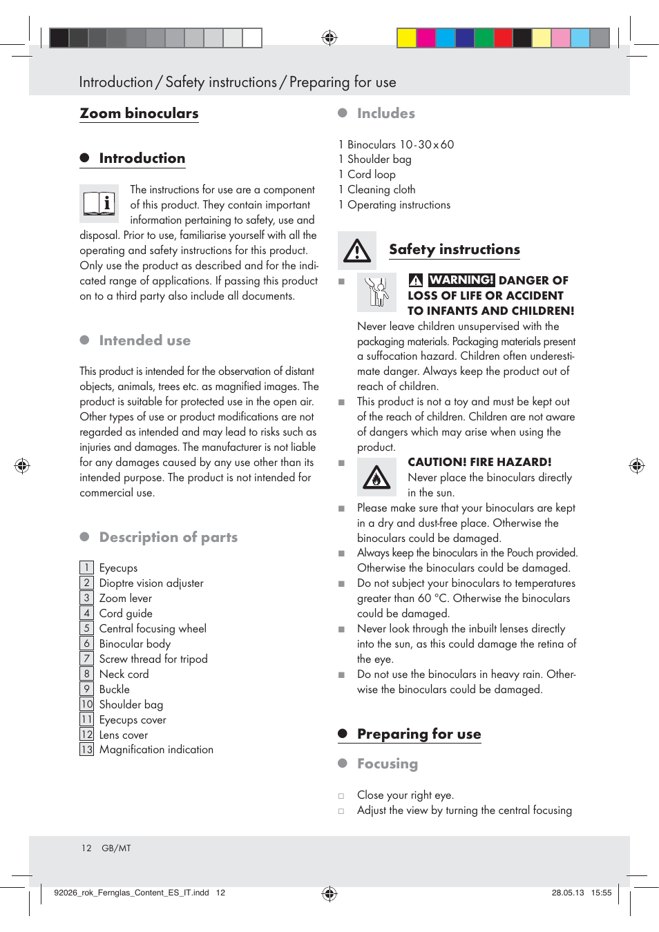 Zoom binoculars, Introduction, Intended use | Description of parts, Includes, Safety instructions, Preparing for use, Focusing | Auriol Z30373 User Manual | Page 12 / 16