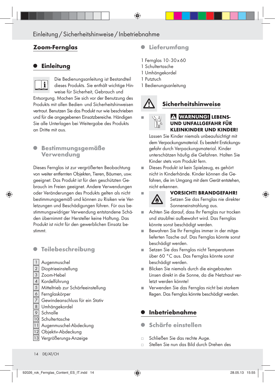 Einleitung / sicherheitshinweise / inbetriebnahme, Zoom-fernglas, Einleitung | Bestimmungsgemäße verwendung, Teilebeschreibung, Lieferumfang, Sicherheitshinweise, Inbetriebnahme, Schärfe einstellen | Auriol Z30373 User Manual | Page 14 / 16