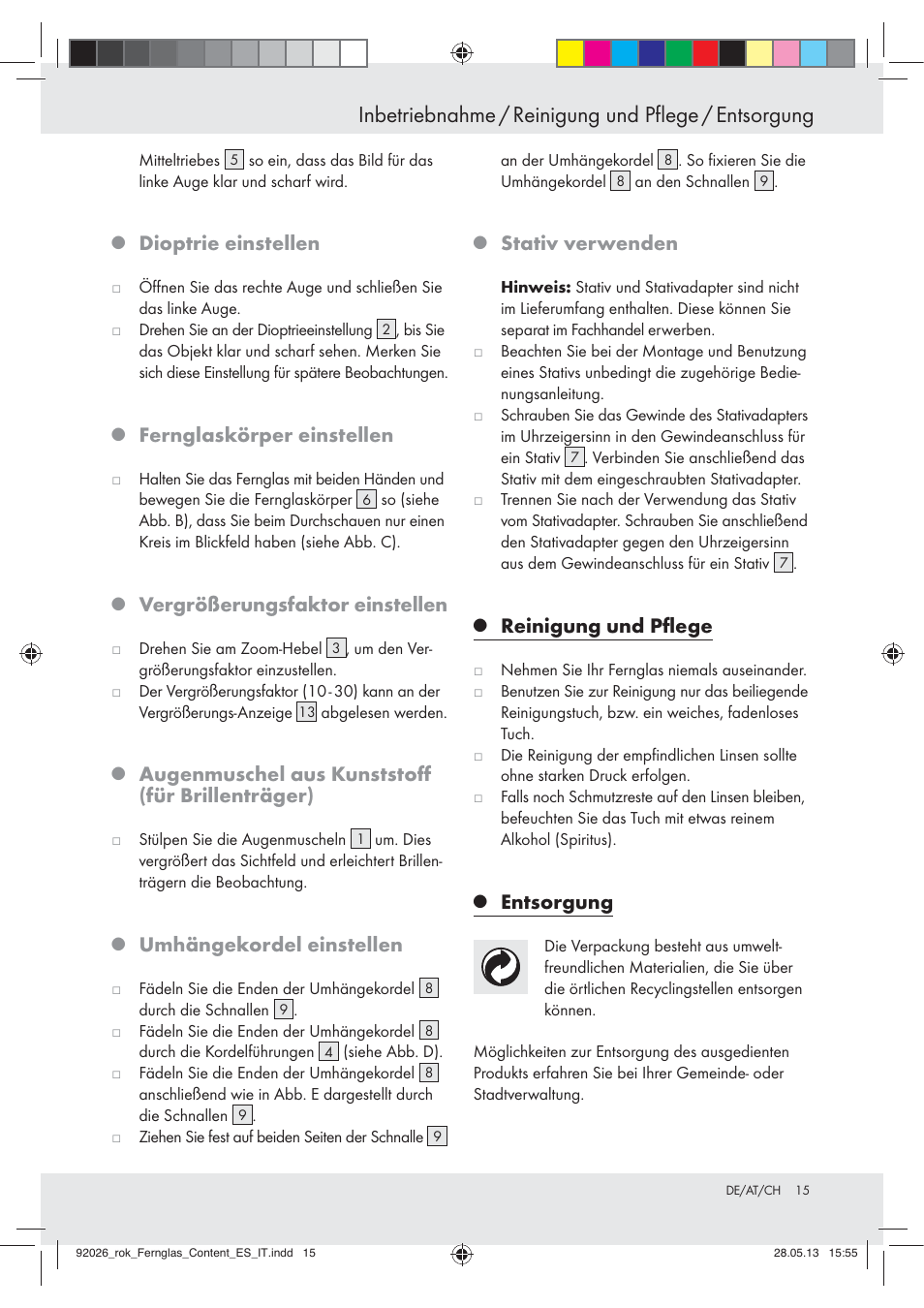 Inbetriebnahme / reinigung und pflege / entsorgung, Dioptrie einstellen, Fernglaskörper einstellen | Vergrößerungsfaktor einstellen, Augenmuschel aus kunststoﬀ (für brillenträger), Umhängekordel einstellen, Stativ verwenden, Reinigung und pﬂege, Entsorgung | Auriol Z30373 User Manual | Page 15 / 16