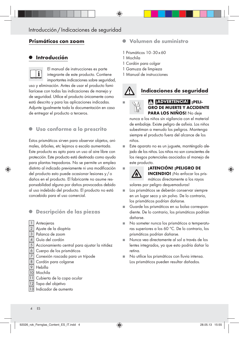 Introducción / indicaciones de seguridad, Prismáticos con zoom, Introducción | Uso conforme a lo prescrito, Descripción de las piezas, Volumen de suministro, Indicaciones de seguridad | Auriol Z30373 User Manual | Page 4 / 16