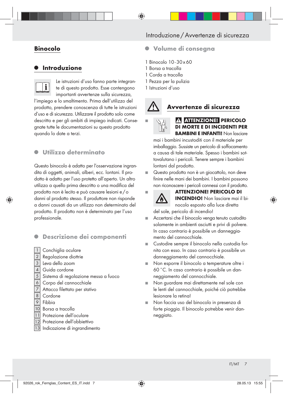 Introduzione / avvertenze di sicurezza, Binocolo, Introduzione | Utilizzo determinato, Descrizione dei componenti, Volume di consegna, Avvertenze di sicurezza | Auriol Z30373 User Manual | Page 7 / 16