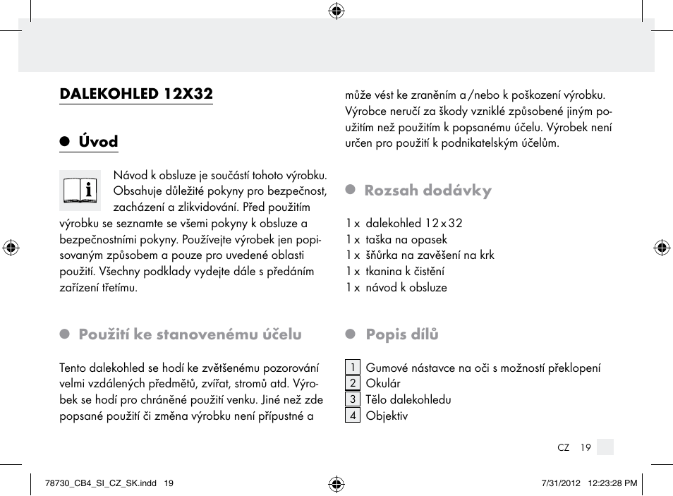 Dalekohled 12x32, Úvod, Použití ke stanovenému účelu | Rozsah dodávky, Popis dílů | Auriol Z9850 User Manual | Page 19 / 29