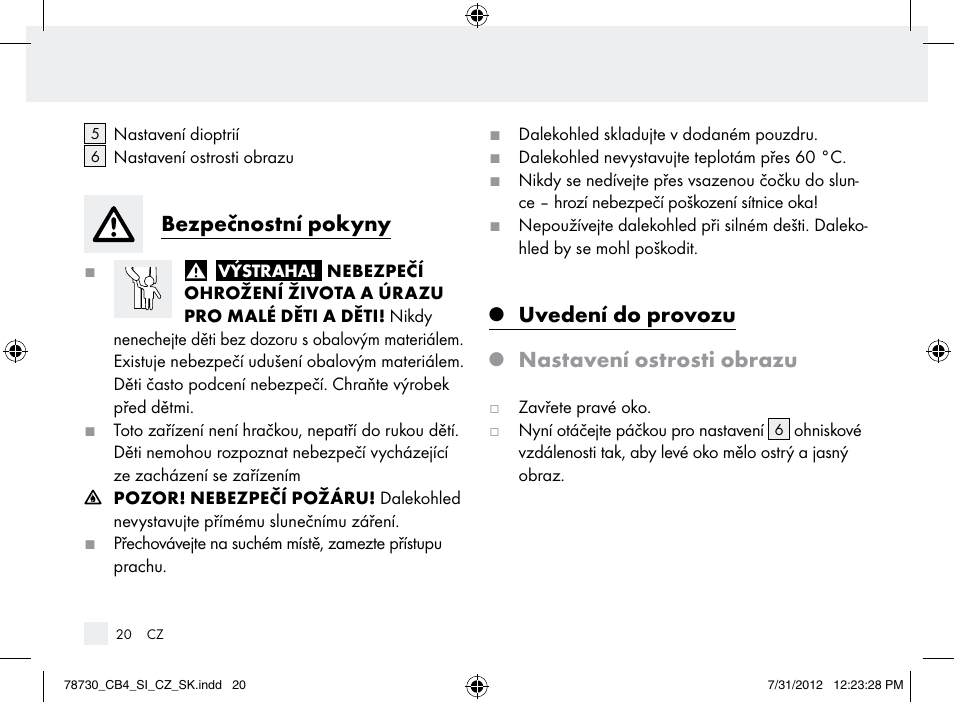 Bezpečnostní pokyny, Uvedení do provozu, Nastavení ostrosti obrazu | Auriol Z9850 User Manual | Page 20 / 29
