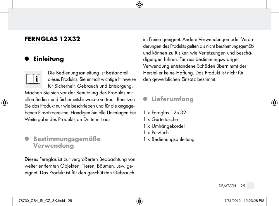 Fernglas 12x32, Einleitung, Bestimmungsgemäße verwendung | Lieferumfang | Auriol Z9850 User Manual | Page 25 / 29