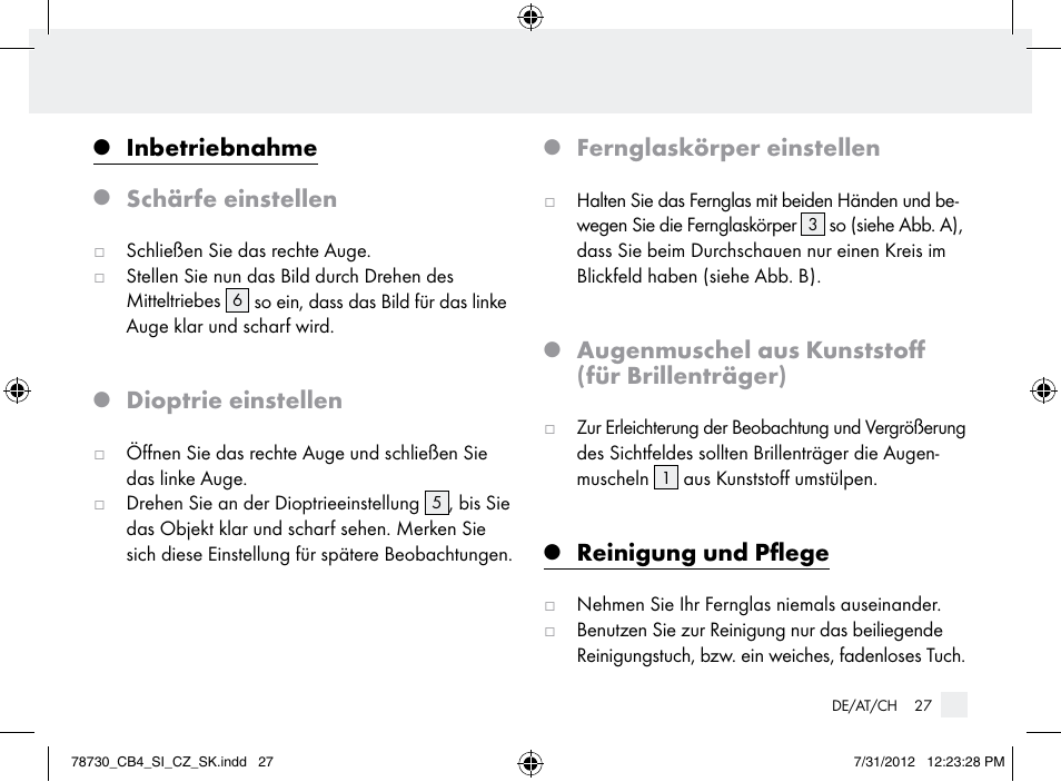 Inbetriebnahme, Schärfe einstellen, Dioptrie einstellen | Fernglaskörper einstellen, Augenmuschel aus kunststoff (für brillenträger), Reinigung und pflege | Auriol Z9850 User Manual | Page 27 / 29