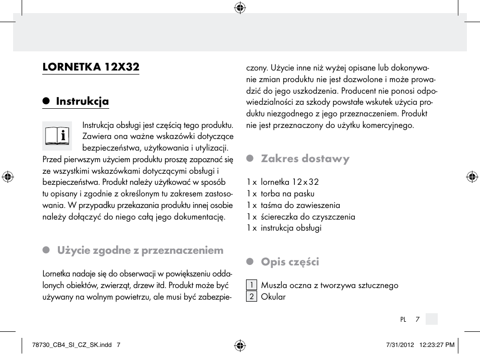 Lornetka 12x32, Instrukcja, Użycie zgodne z przeznaczeniem | Zakres dostawy, Opis części | Auriol Z9850 User Manual | Page 7 / 29