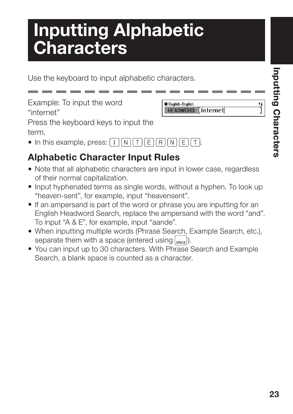 Inputting alphabetic characters | Casio EW-B100C User Manual | Page 25 / 91