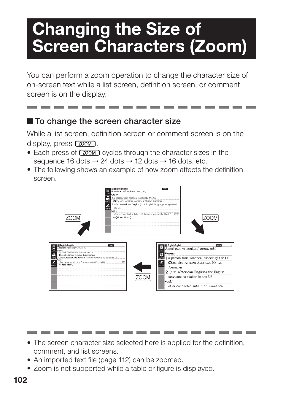 Changing the size of screen characters (zoom) | Casio EW-B2000C User Manual | Page 104 / 155