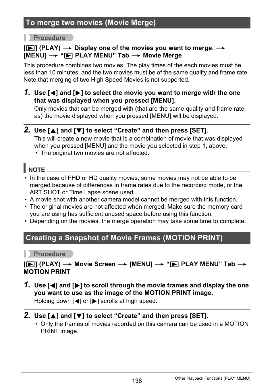 To merge two movies (movie merge), Creating a snapshot of movie frames (motion print) | Casio EX-FC500S User Manual | Page 138 / 248