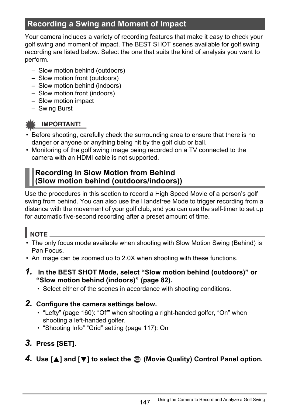 Recording a swing and moment of impact, Recording in slow motion from behind, Slow motion behind (outdoors/indoors)) | Casio EX-FC500S User Manual | Page 147 / 248