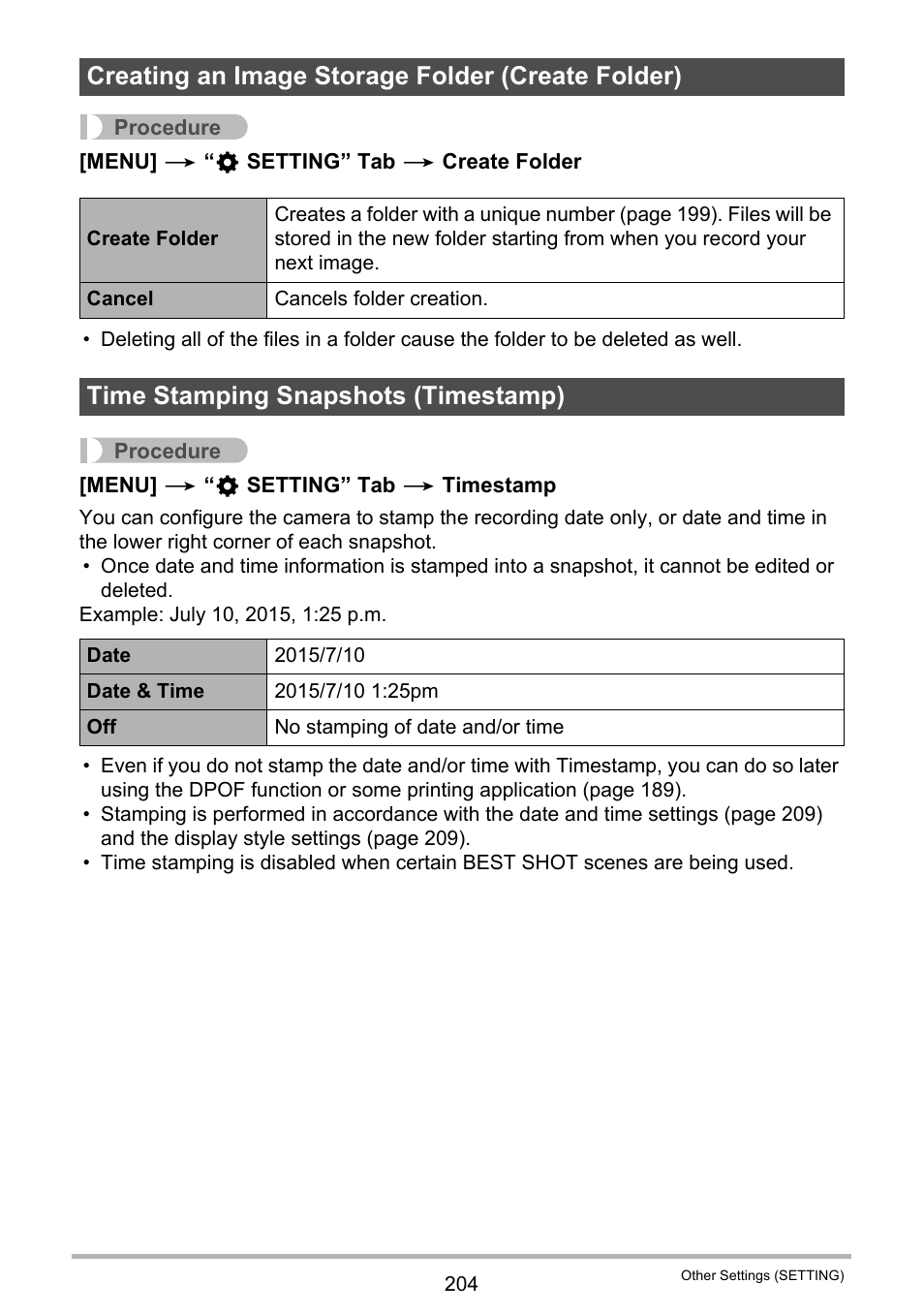 Creating an image storage folder (create folder), Time stamping snapshots (timestamp) | Casio EX-FC500S User Manual | Page 204 / 248