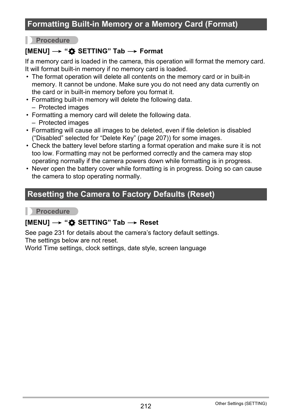 Resetting the camera to factory defaults (reset) | Casio EX-FC500S User Manual | Page 212 / 248